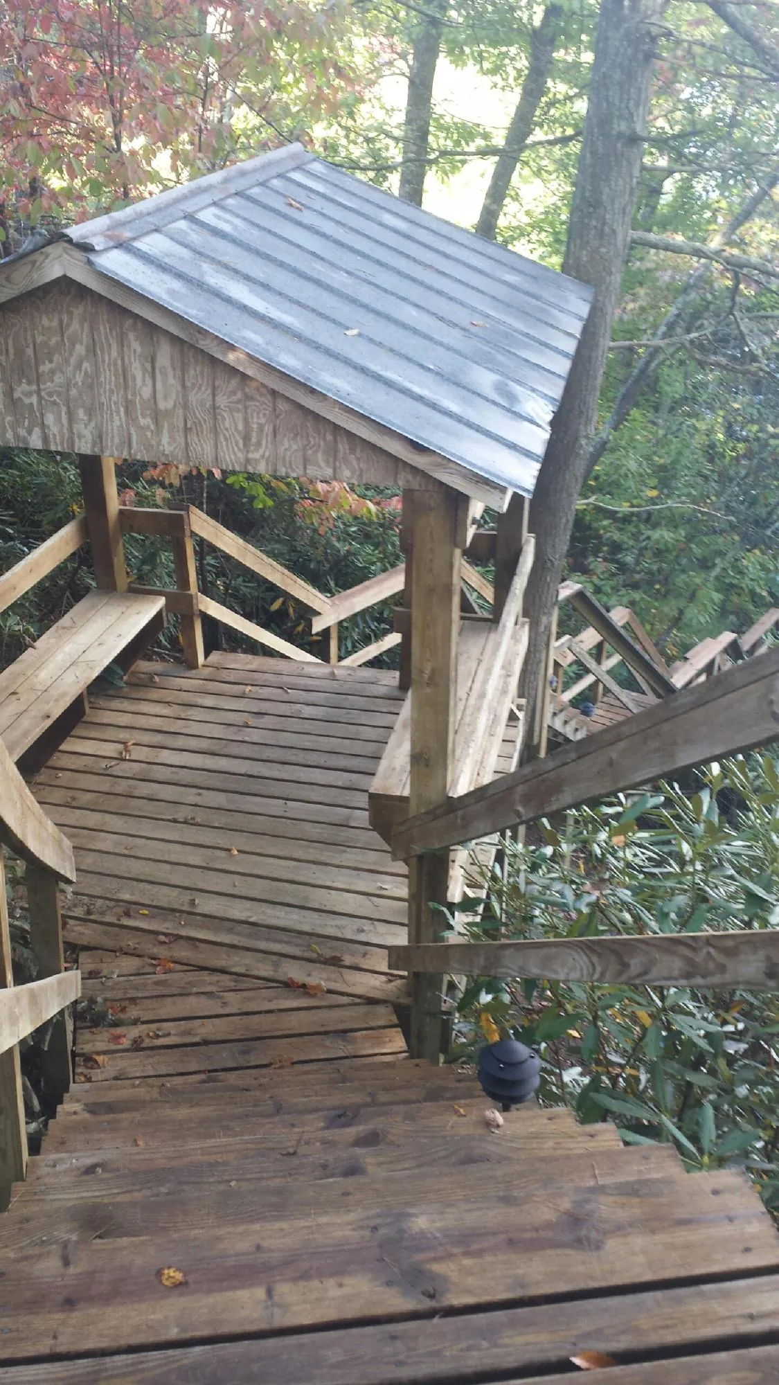 Metal roofed shelter over wooden steps on a wooded walkway — Skylight Repair & Installation work by our crew in Dale